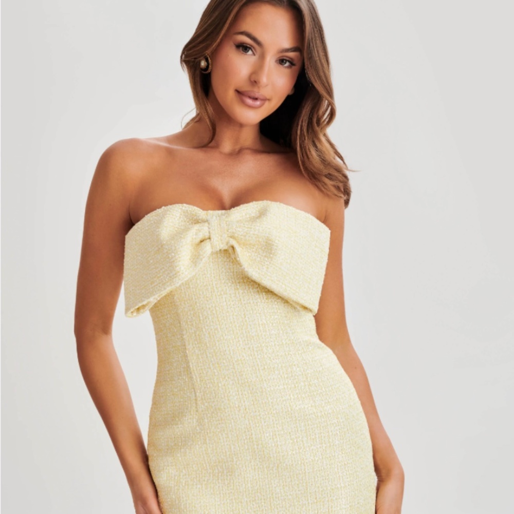 MESHKI Elizabeth Tweed Bow Mini Dress Lemon - XL